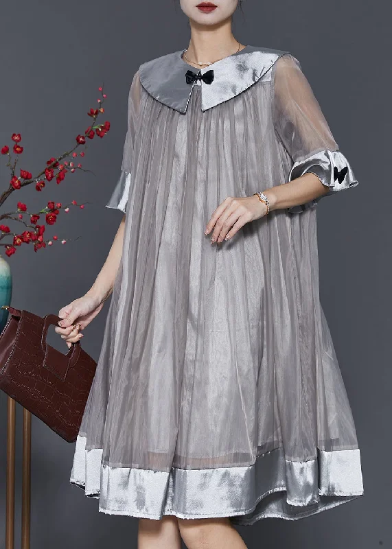 Chic And Edgy Women Grey Patchwork Bow Tulle Robe Dresses Summer