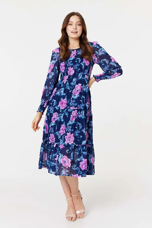 Seasonal Women's Fashion Trends Floral Semi-Sheer Tiered Midi Dress