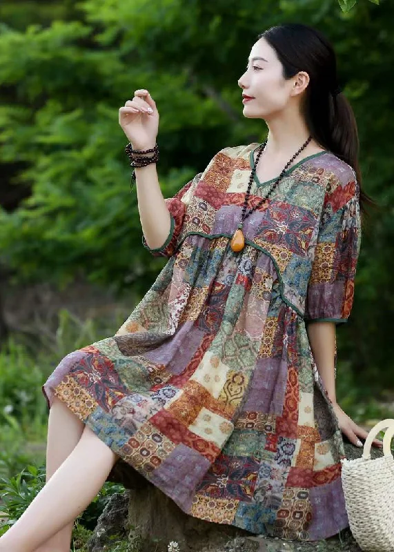 Special Offers, Don't Miss Purple Print Patchwork Linen Mid Dress V Neck Wrinkled Summer