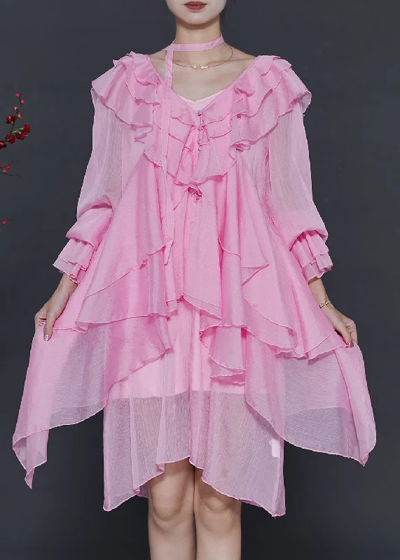 Sophisticated Fashion Stylish Pink Asymmetrical Ruffles Chiffon Mid Dress Spring