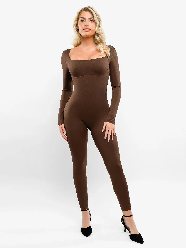 Women Wear Brands Shapewear Square Neck Long Sleeve Butt Lift Jumpsuit