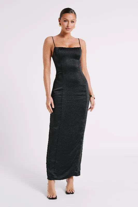 Casual Fashion Chrisley Satin Maxi Dress With Split - Black