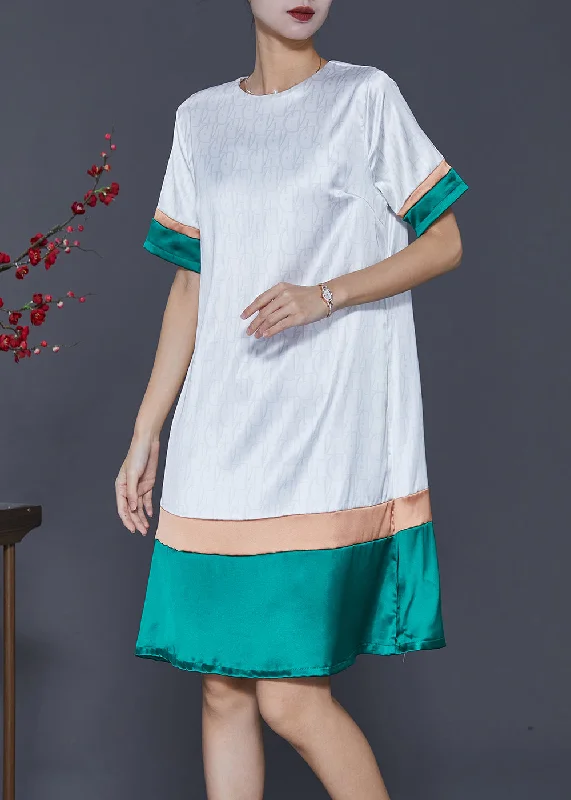 Trend Alert French White O-Neck Patchwork Silk Dress Summer