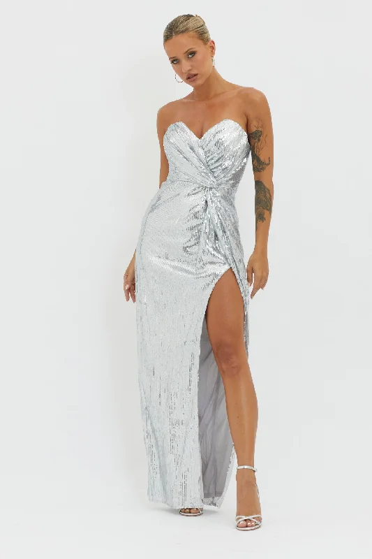 Seasonal Fashion Angel Energy Strapless Sequin Maxi Dress Silver