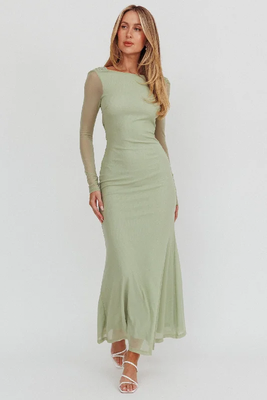 Trend Forward Threads Lustre Open Back Mesh Maxi Dress Sage