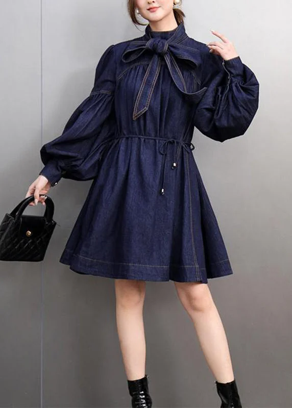 Women's Trendy Outfits Natural Navy Bow Patchwork Denim Mid Dress Lantern Sleeve