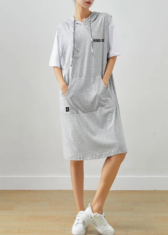 Exclusive Women's Fashion Collection Grey Patchwork Cotton Fake Two Piece Sweatshirts Dress Drawstring Summer