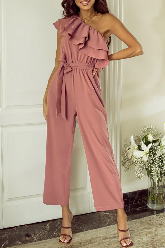 Bold and Elegant Women's Fashion Ruffled Tied One-Shoulder Jumpsuit