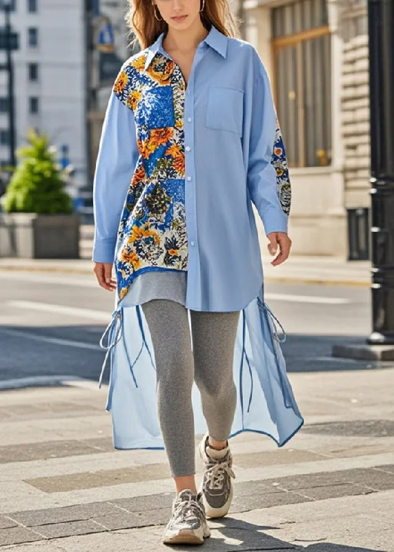 Holiday Glam French Blue Asymmetrical Print Cotton Shirt Dress Spring