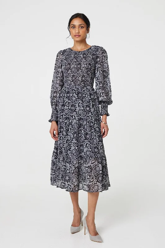 Trendy Street Style Attire Paisley Long Puff Sleeve Midi Smock Dress