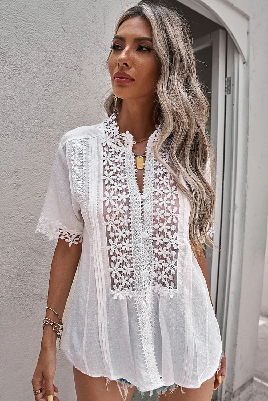 Snag Fabulous Fashion Bargains Buttoned Spliced Lace Blouse