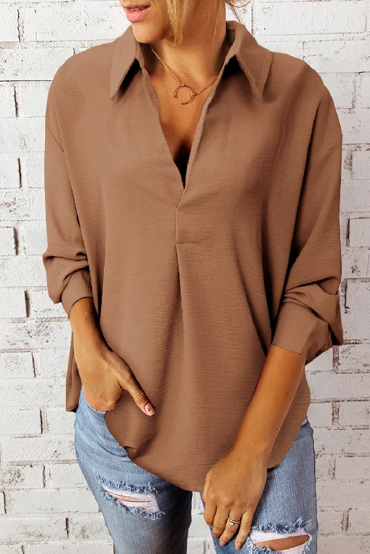 Limited Edition Textured Johnny Collar Three-Quarter Sleeve Blouse