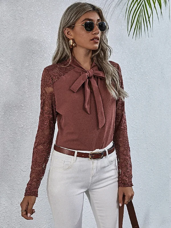 Women's Trendy Outfits Tie Neck Spliced Lace Long Sleeve Top