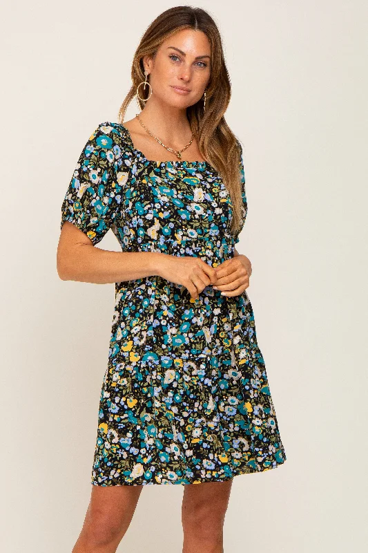 Flash Discount Black Floral Puff Sleeve Dress