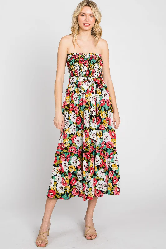 Relaxed Style Black Floral Smocked Strapless Midi Dress