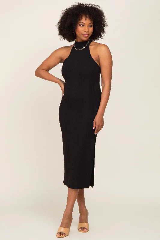 Clothing Sales Black Ribbed Mock Neck Sleeveless Side Slit Midi Dress