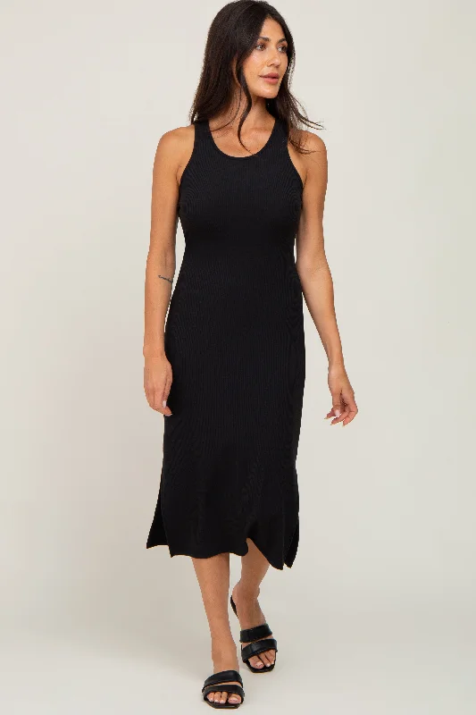 Online Boutiques Clothing Black Ribbed Side Slit Midi Dress