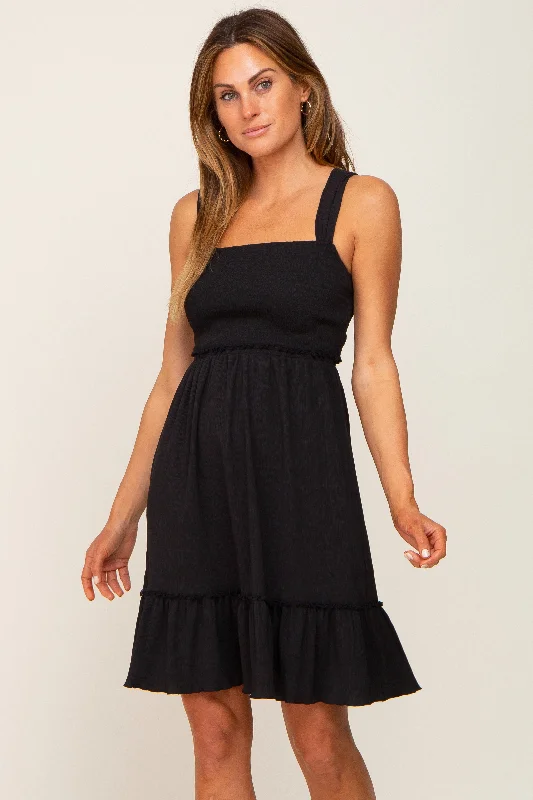 Cheap Women's Clothing Online Black Smocked Sleeveless Crepe Dress