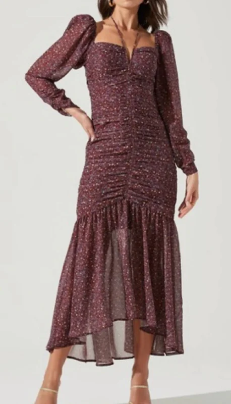 Explore What's New Ditsy Print Long Sleeve Dress In Purple/brown