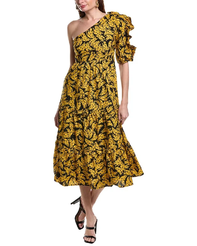 Vibrant Femme Fashion FARM Rio Black Spotted Bananas Midi Dress