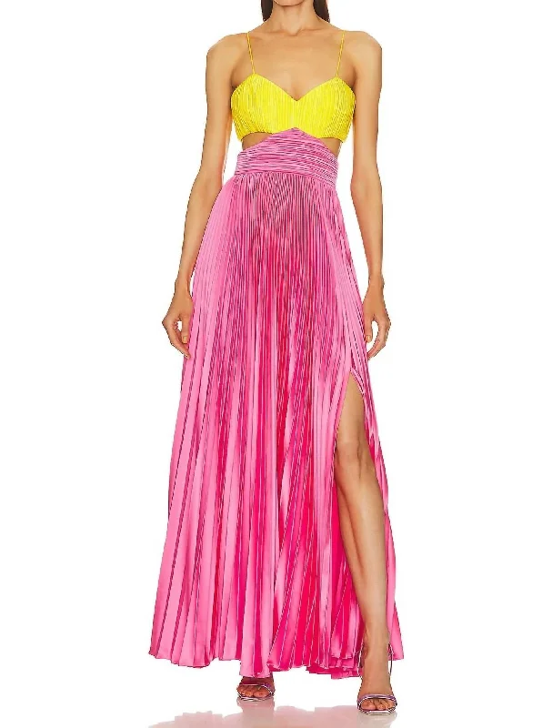 Trend Leading Collection Gorgeous Satin Pleated Maxi Dress In Yellow Tag & Calla Lily