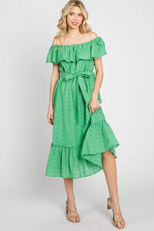 Casual and Comfortable Outfits Green Eyelet Embroidered Ruffle Off Shoulder Midi Dress