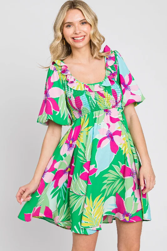 Chic Style, Always In Vogue Green Floral Smocked Puff Sleeve Dress