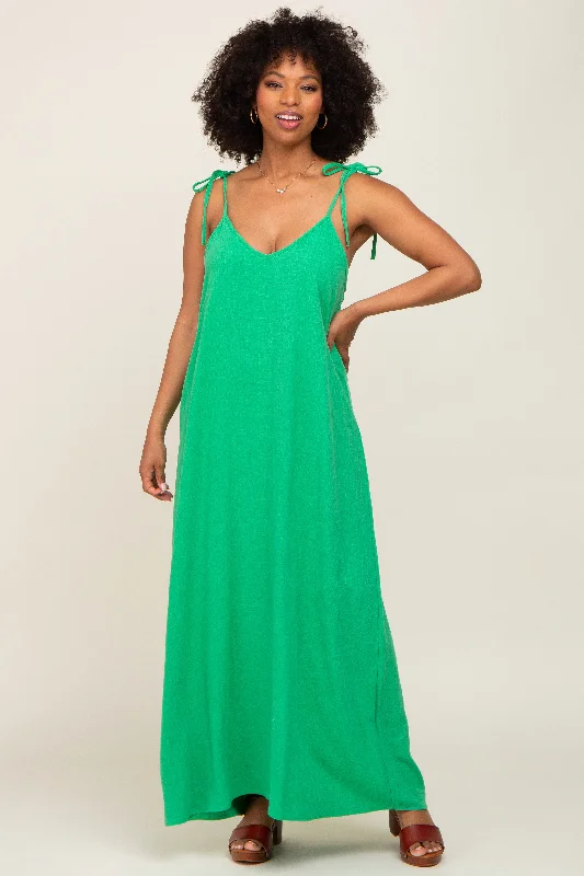 Versatile Wardrobe Essentials Green Linen V-Neck Tie Strap Maxi Dress