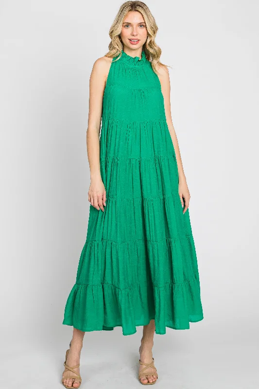 Extreme Clearance Deals Green Tiered High Neck Maxi Dress