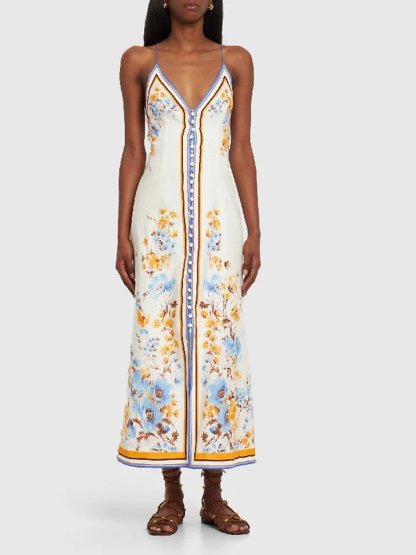 Limited Edition Halcyon Printed Linen Maxi Slip Dress In Orange/blue Floral