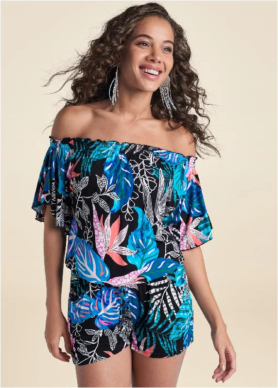 Best Clearance Sales Right Now Bahamian Palm Off Shoulder Romper - Blue Multi