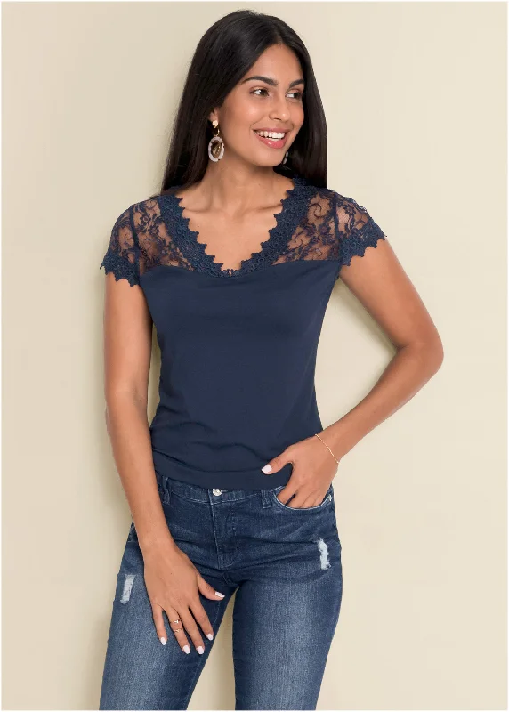 Must-Have Styles Lace Detail Tee - Navy