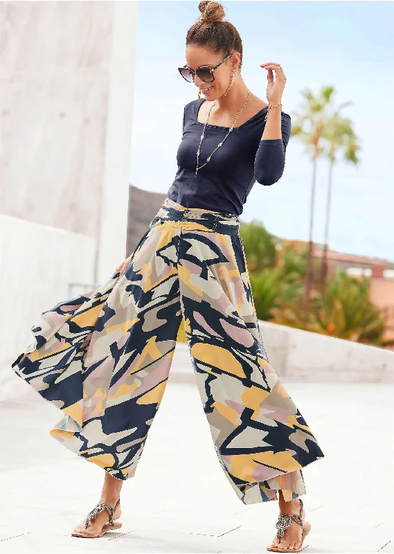 Break Fashion Norms Printed Flowy Pants - Navy Multi