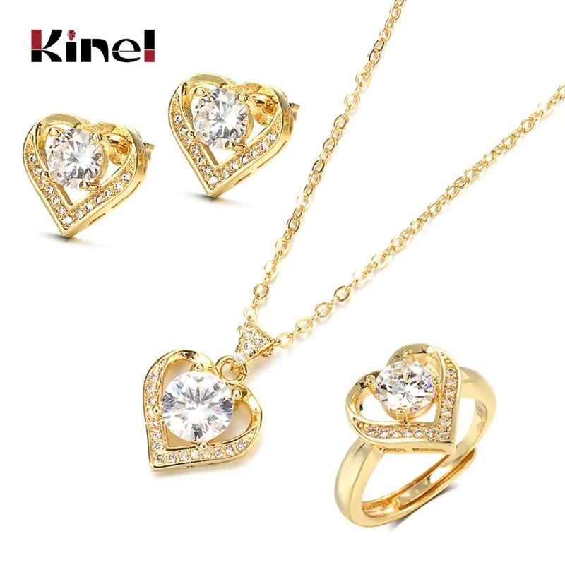 Chic And Edgy Kinel 18K Gold Zircon Jewelry Set Promise Ring Stud Earring Necklace Sterling Silver Christmas Valentine's Day Gift for Women