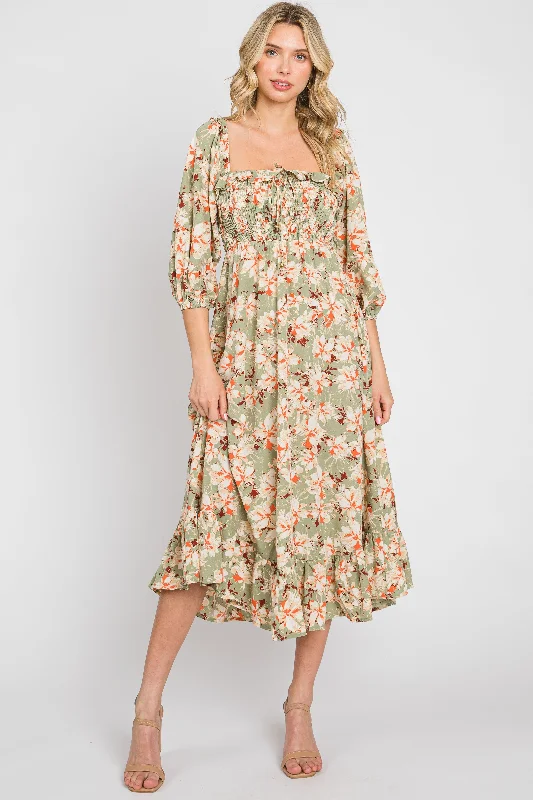 Limited Time Offers Light Olive Floral Ruffle Square Neck Smocked Front Tie Midi Dress