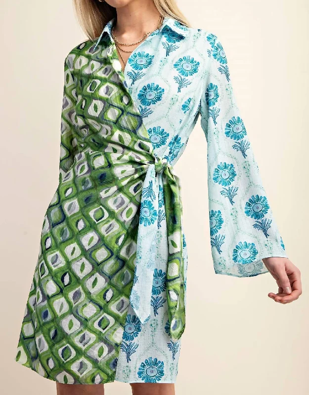 Durable Fashion Picks Mixed Print Long Sleeves Wrap Mini Dress In Green/blue