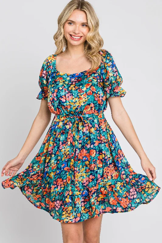 Casual Yet Stylish Separates Navy Floral Chiffon Ruffle Accent Dress