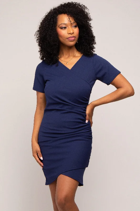 Exclusive Sale Navy Ruched Wrap Tulip Hem Fitted Dress