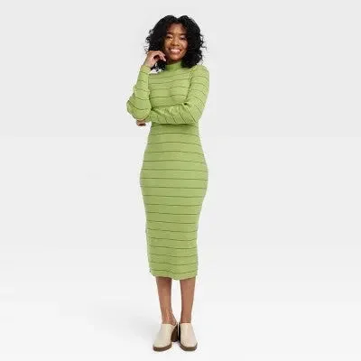 Final Sale New - House of Aama Women's High Neck Midi Knit Dress Long Sleeve