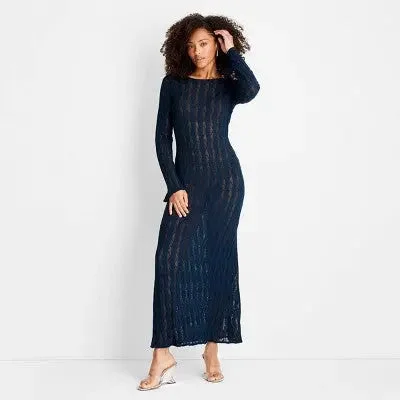 Women's Clothing Stores Open Box - Women's Long Sleeve Open Stitch Maxi Dress - Future Collective with Jenee Naylor Navy Blue XS