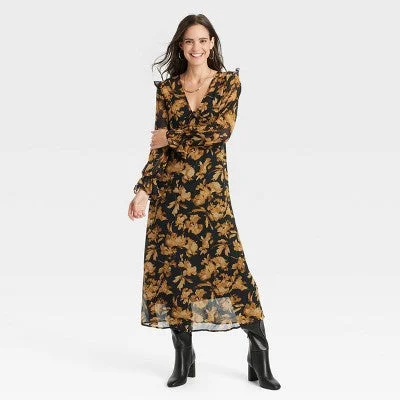 Discount Price Open Box - Women's Long Sleeve Sheer Maxi Dress - A New Day Black/Brown Floral M