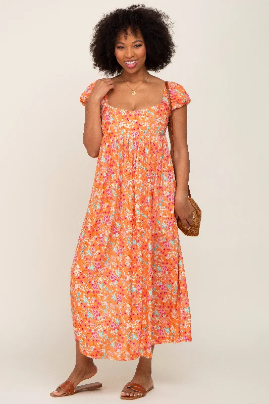 Trendy New Clothes Orange Floral Back Cutout Midi Dress