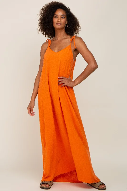 Affordable Women's Fashion Orange Linen V-Neck Tie Strap Maxi Dress