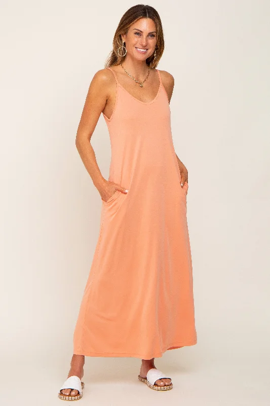 Trendy Women's Apparel Peach Sleeveless V-Neck Maxi Dress