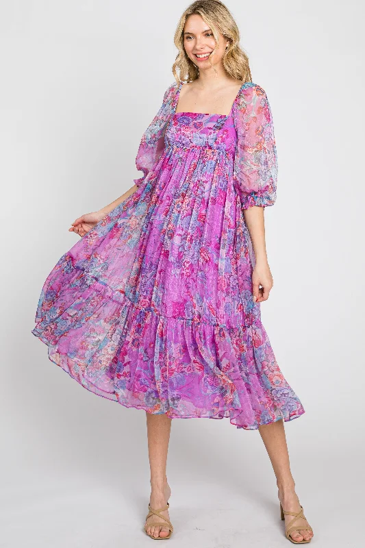 Weekend Sale Pink Floral Shimmer Chiffon Midi Dress