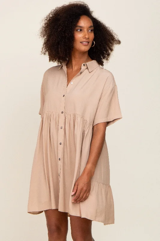 Casual Fashion Taupe Buttondown Short Sleeve Dress