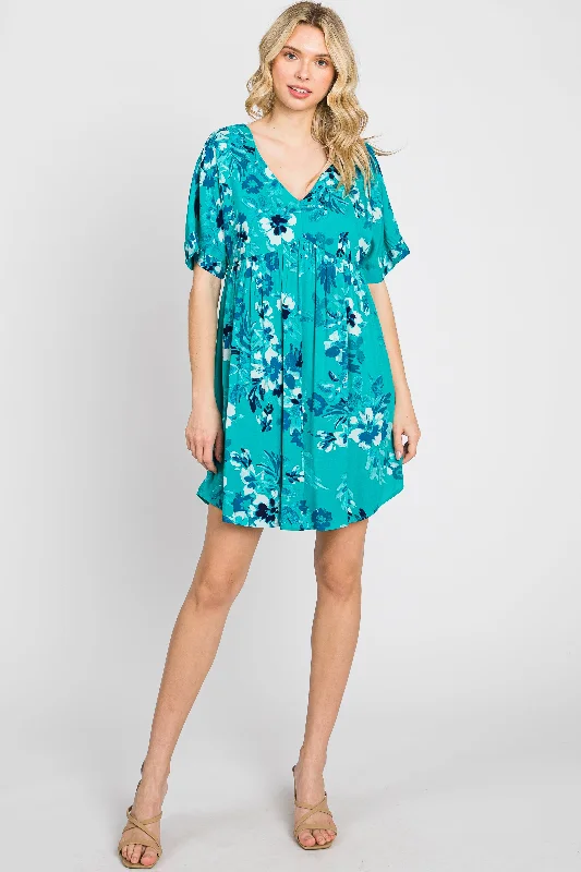 Browse Our Top Products Teal Tropical Floral V-Neck Short Sleeve Dress