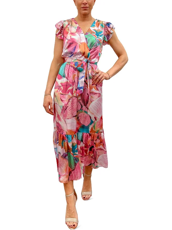 Contemporary Women's Clothing Womens Floral Faux Wrap Midi Dress