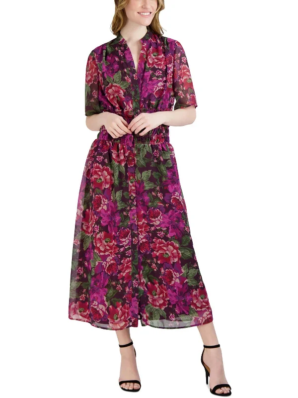 Earthy Tones Womens Floral Print Chiffon Shirtdress