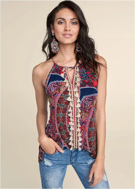 Clothes Sales Paisley Print Tassel Top - Red Multi